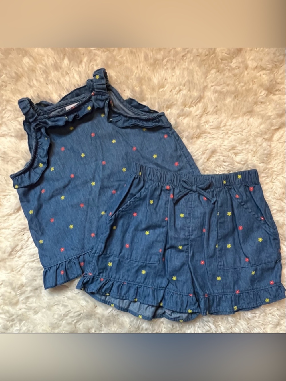 Wonder Nation Girls Size 5t Blue Denim-Look Floral Tank & Shorts Set